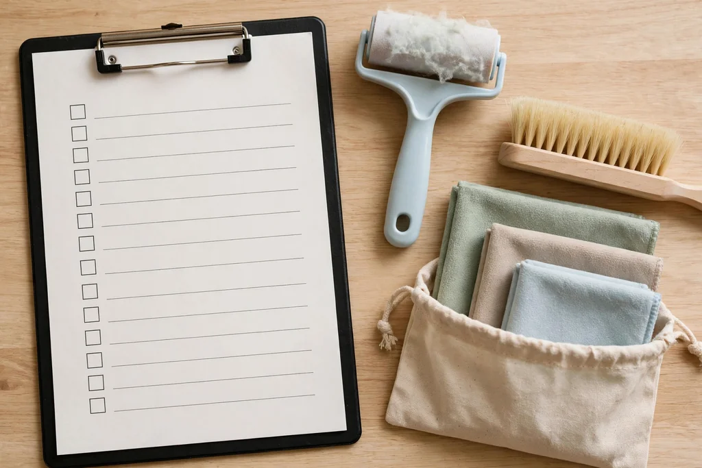 Clipboard inventory list beside a tidy craft table with a lint roller, brush, and cloth reset kit.