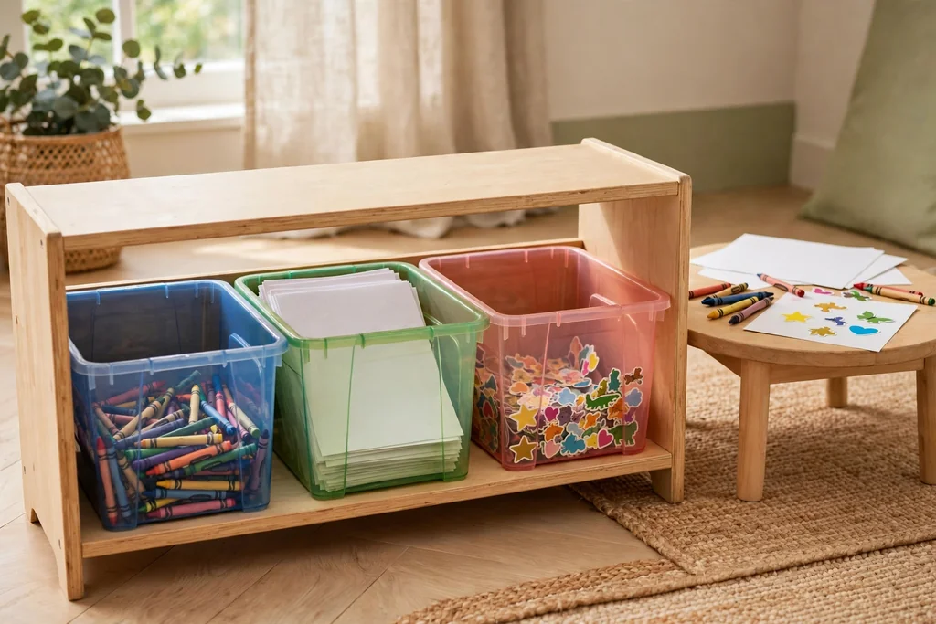 Low kids craft zone with washable bins at child height holding crayons, paper, and stickers.