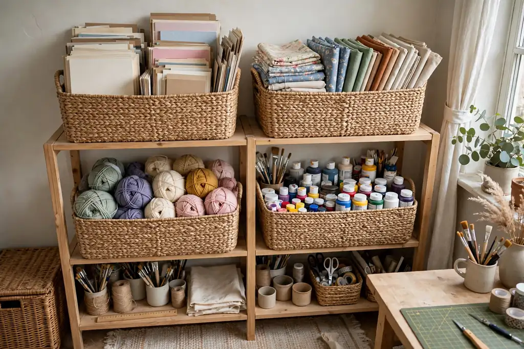 Shelves with large labeled bins sorted by supply type for paper, fabric, yarn, and paint.
