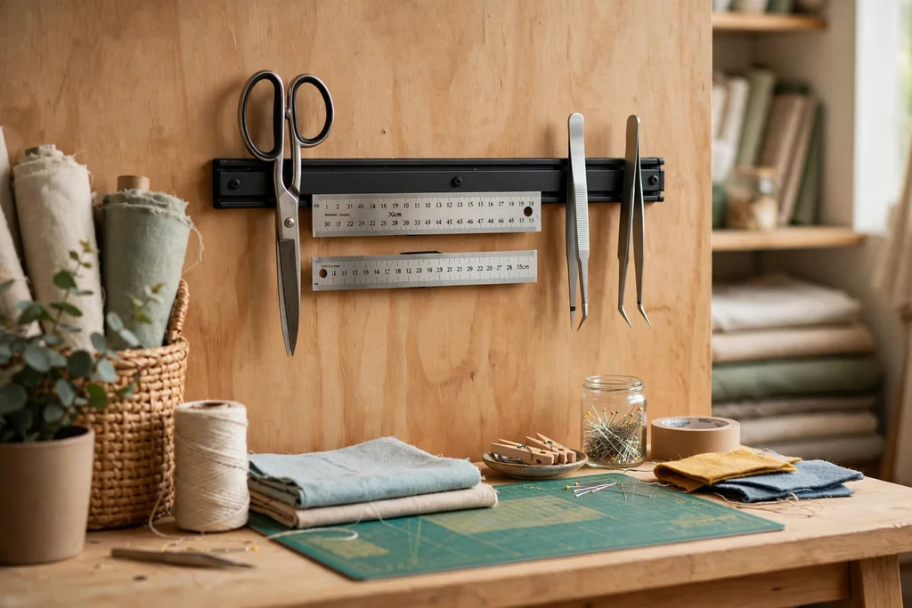 Magnetic strip on a craft room wall holding metal scissors, rulers, and tweezers above a work table.
