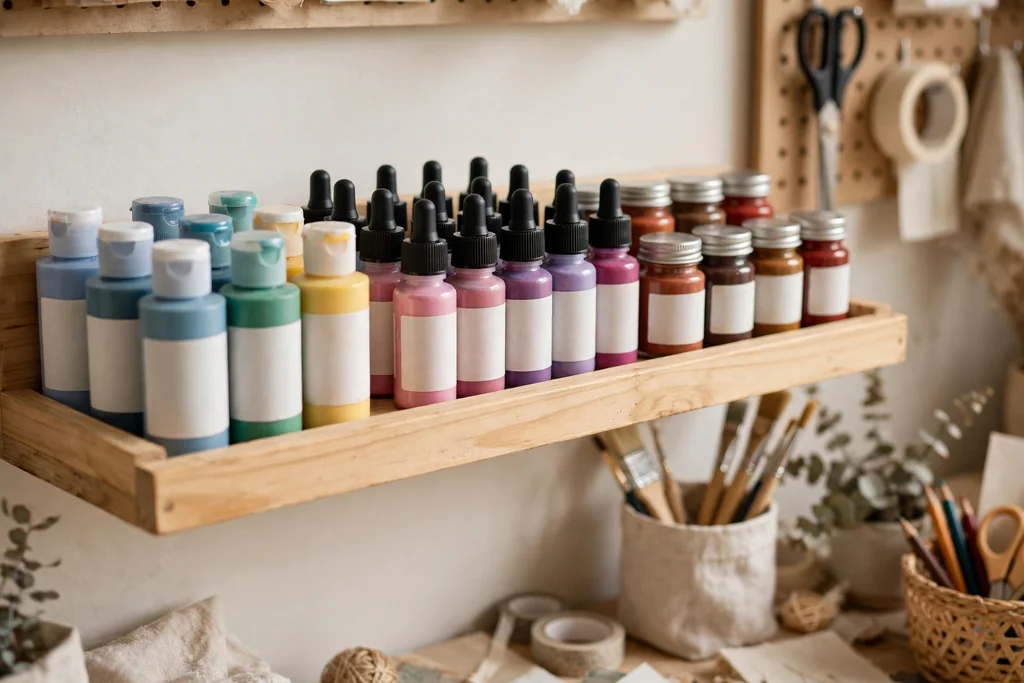 Shallow shelf with a front lip holding paint bottles grouped by type with labels facing out.
