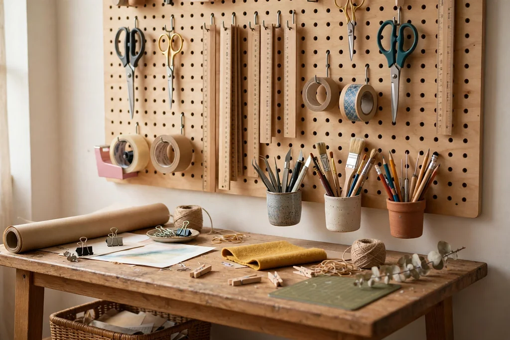 Pegboard wall above a craft table with hooks holding scissors, rulers, tape, and small cups of tools.