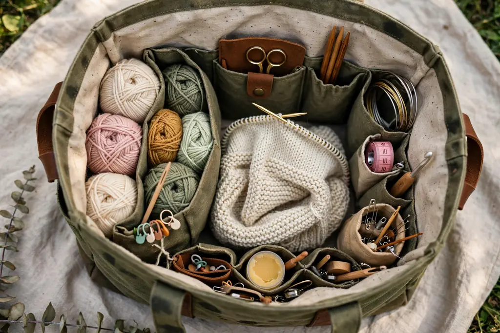 Portable project tote with inside pockets holding knitting tools and yarn, packed for crafting away from home.