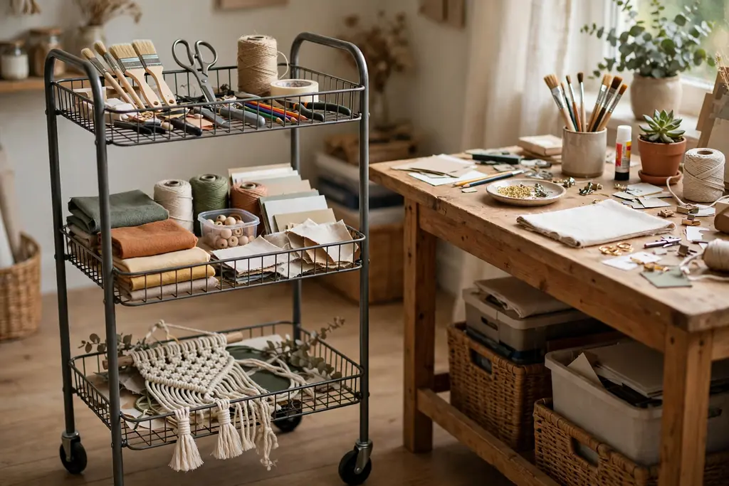 Three tier rolling cart beside a craft table holding tools on top, materials in the middle, and a project at the bottom.