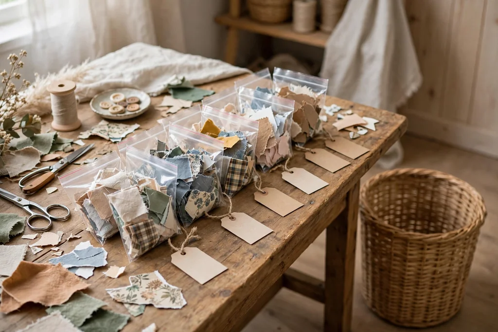 Single bin near a craft table holding fabric and paper scraps sorted into small labeled bags.