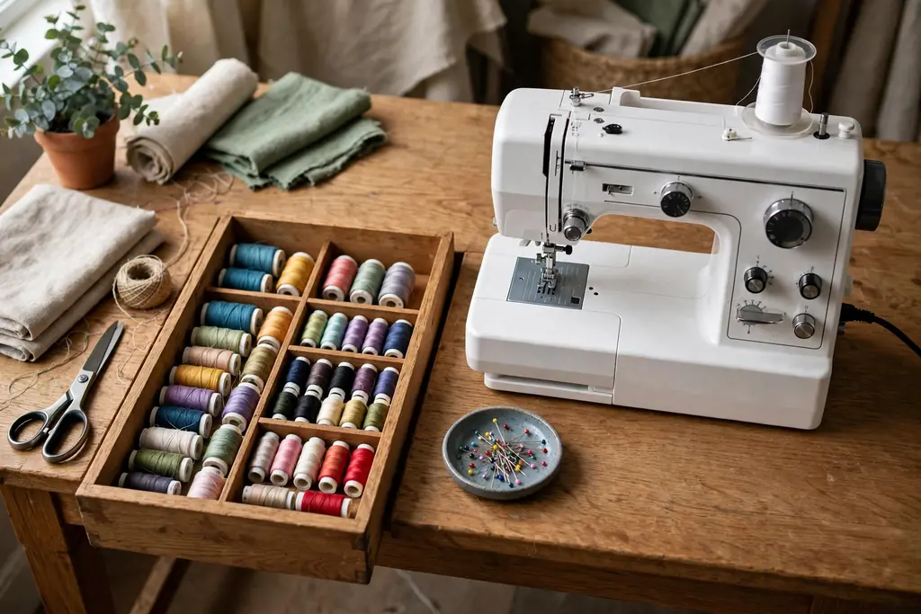 Sewing station with a machine on a steady table, a drawer of bobbins and thread, and a pin tray beside it.