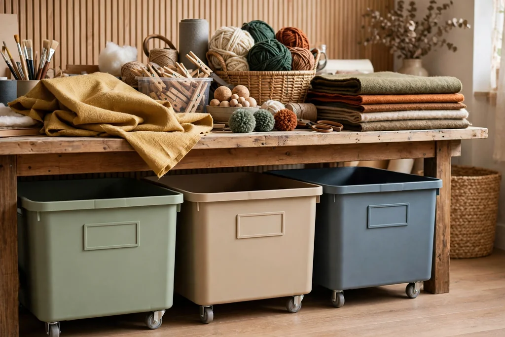 Low rolling bins labeled on the front sliding under a craft work table holding bulky supplies.