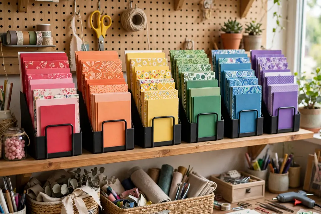 Magazine holders on a shelf holding cardstock and patterned paper upright, sorted by color.