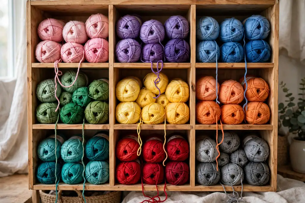 Cubby shelf with yarn balls in separate cubbies, one color family per cubby, with yarn feeding from the front.