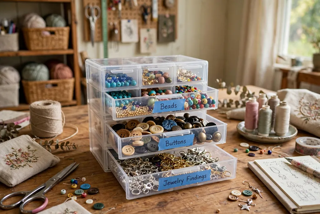 Small multi drawer unit with labeled drawers holding beads, buttons, and jewelry findings.