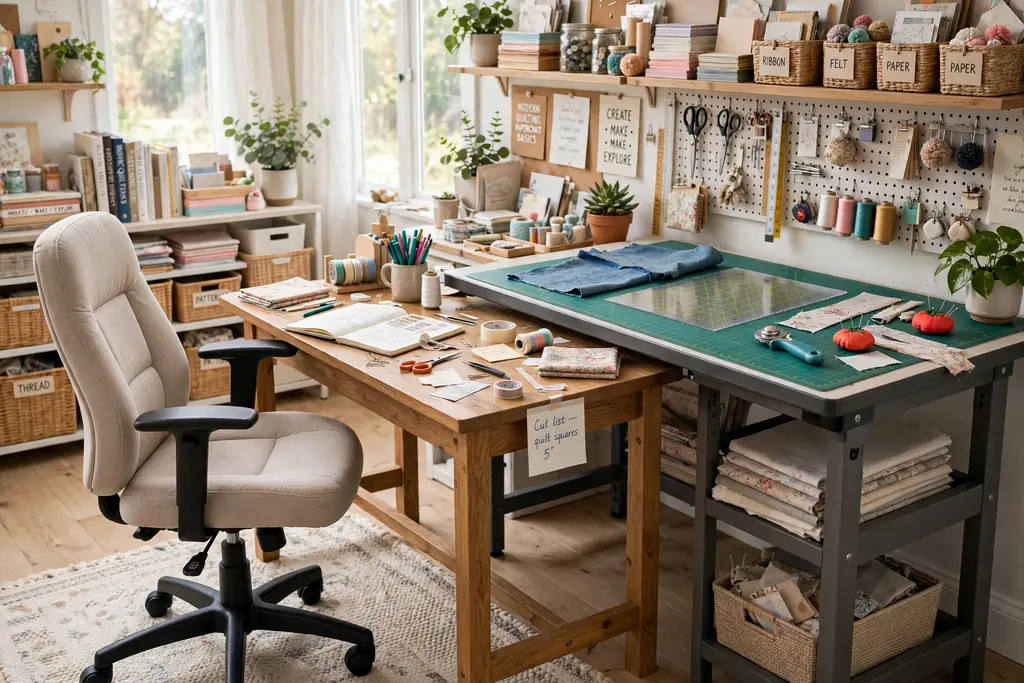 Comfortable adjustable chair at a craft desk beside a standing height cutting table.