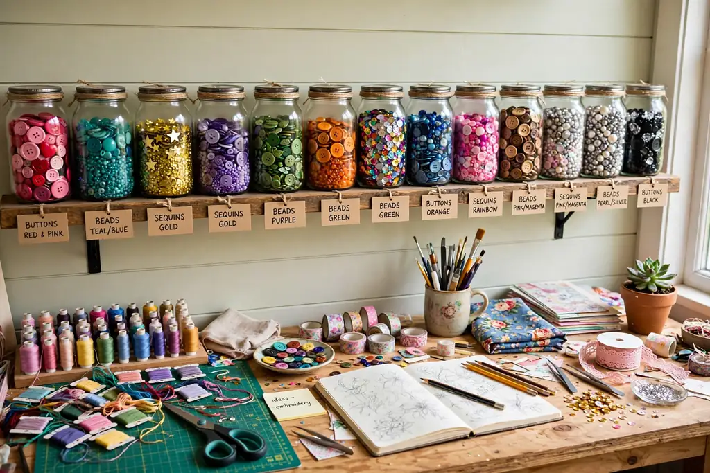 Wall shelf lined with clear glass jars filled with colorful buttons, beads, and sequins above a desk.