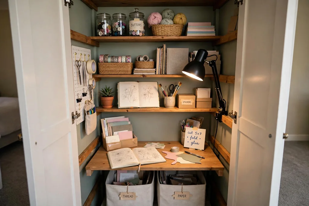 Spare closet fitted with shelves, a small desk, and task lighting as a craft nook.