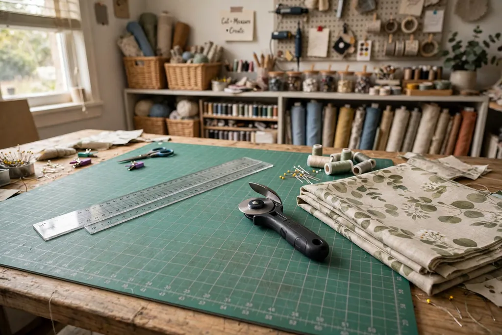 Cutting zone with a large green cutting mat, rotary cutter, clear ruler, and fabric on a table.
