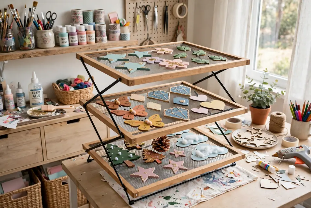 Tiered drying rack holding painted and glued craft pieces in a bright craft room.