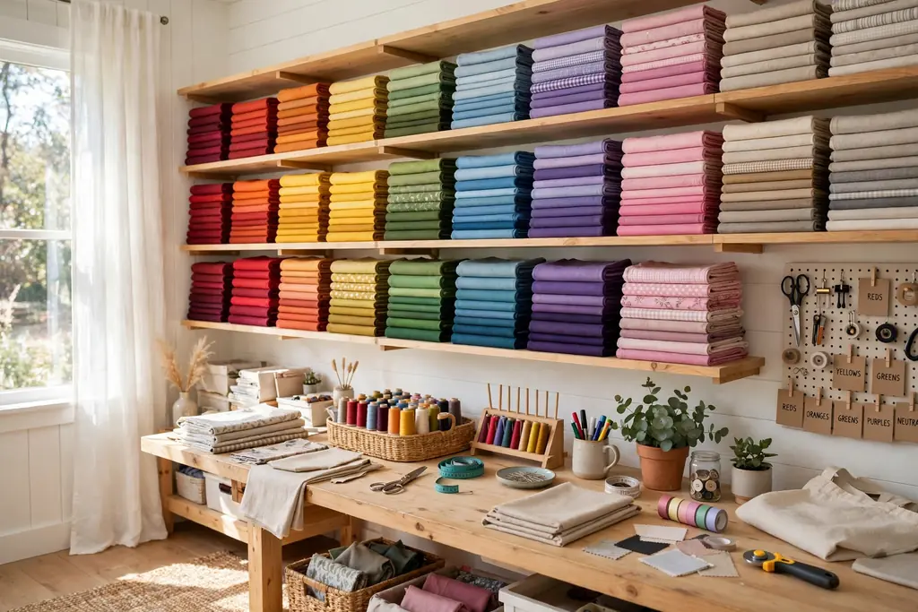 Open shelves stacked with folded fabric sorted by color in a bright craft room.