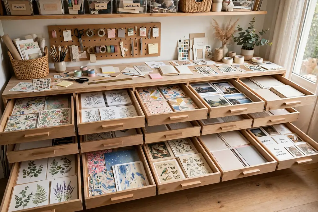 Wide shallow drawers holding flat scrapbook paper and prints in a craft room.
