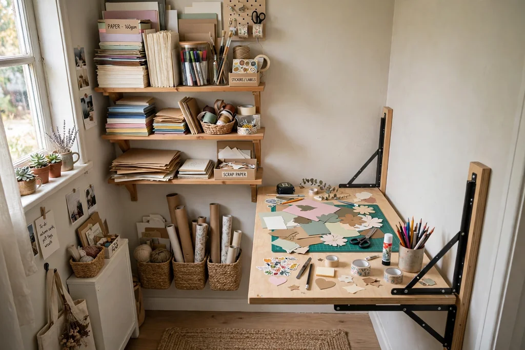 Fold down wall table in a small room set up as a craft workspace with supplies on a nearby shelf.