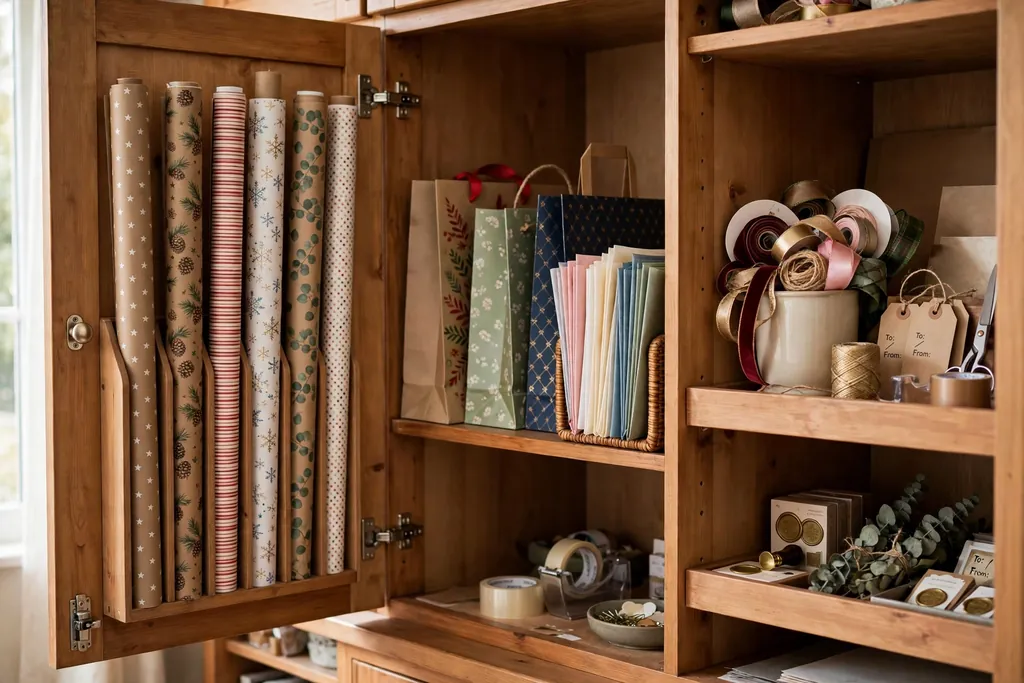 Gift wrap station with upright paper rolls, gift bags, tissue, and ribbon in a cupboard.