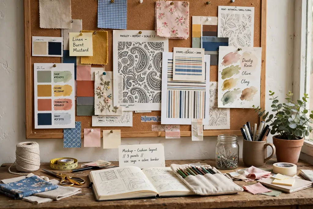 Cork inspiration board pinned with fabric swatches, color palettes, and pattern pages above a desk.