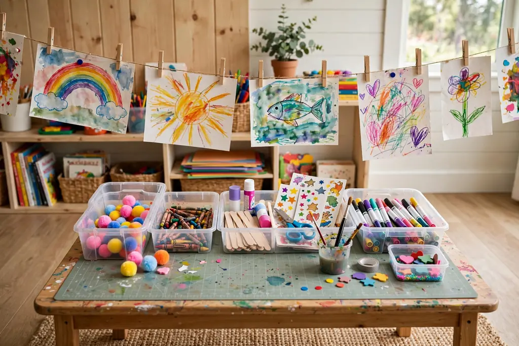 Low kids craft table with washable mat, open bins of supplies, and colorful artwork drying on clips.
