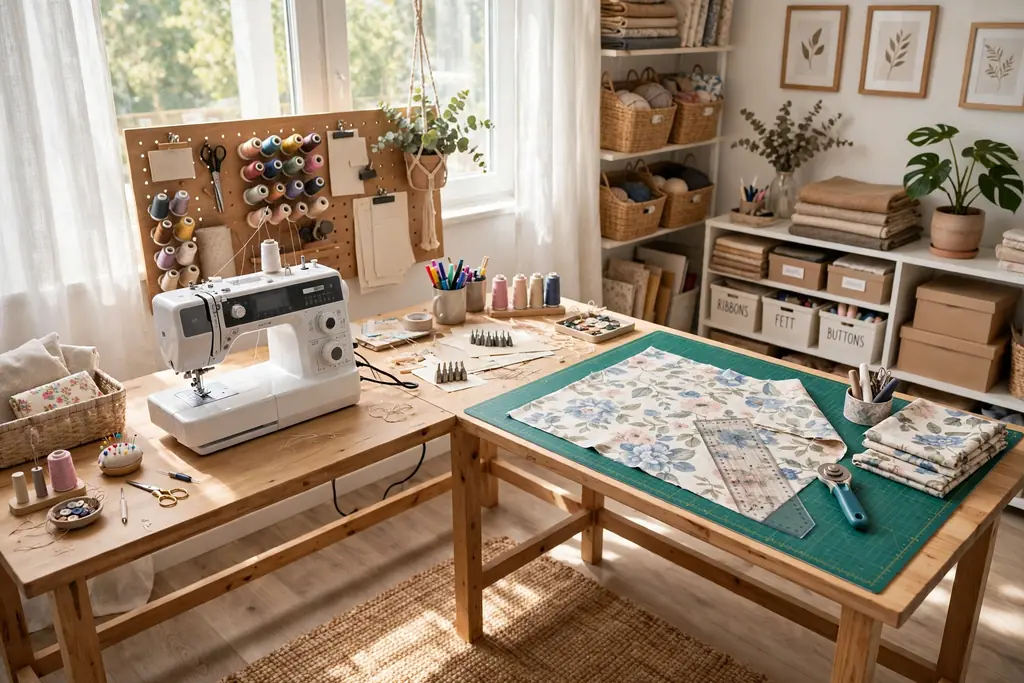 L shaped craft desk with a sewing machine on one arm and a flat cutting surface on the other.