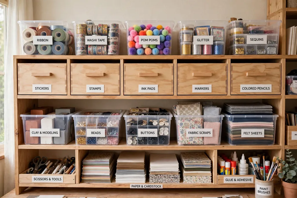 Craft room shelves with matching printed labels on every bin, drawer, and shelf.