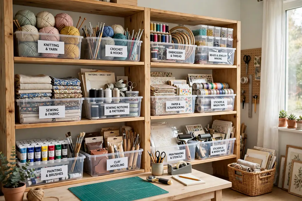 Shelves of labeled storage bins sorted by craft type in a tidy craft room.