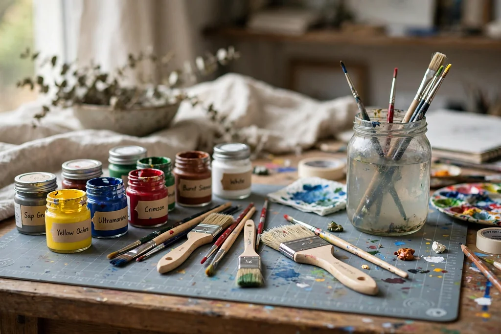 Paint station with a wipe clean mat, paint jars, brushes, and a water jar on a craft table.