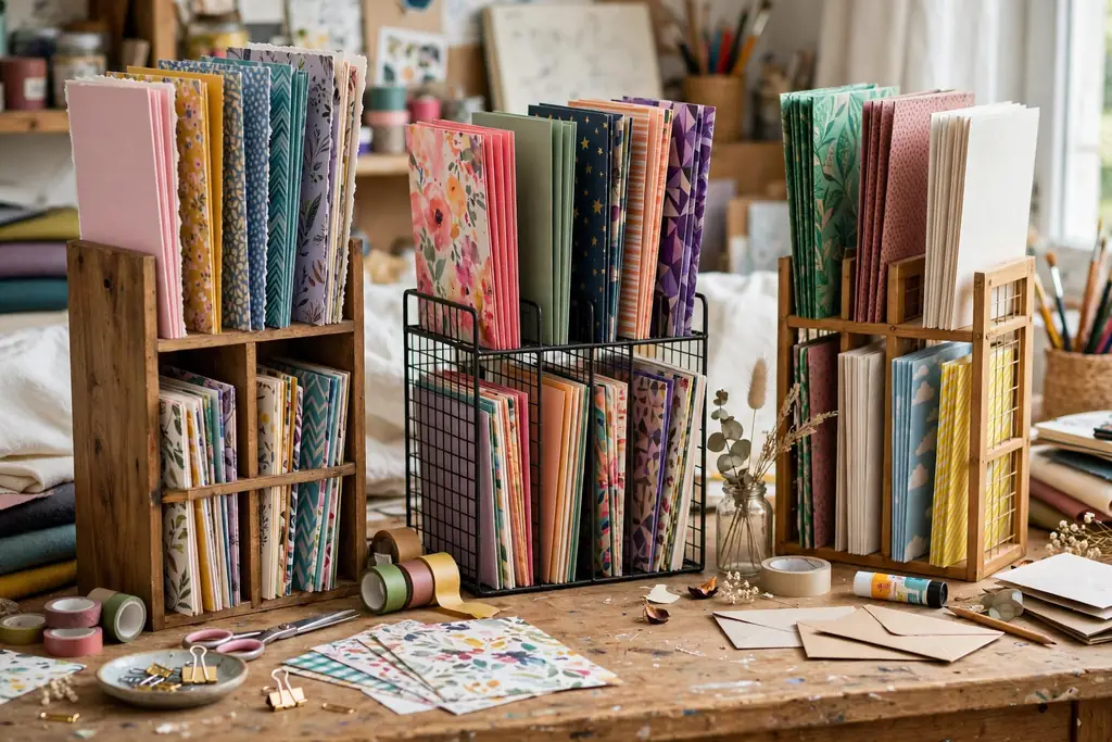 Vertical sorters holding upright cardstock and patterned paper in many colors on a craft desk.