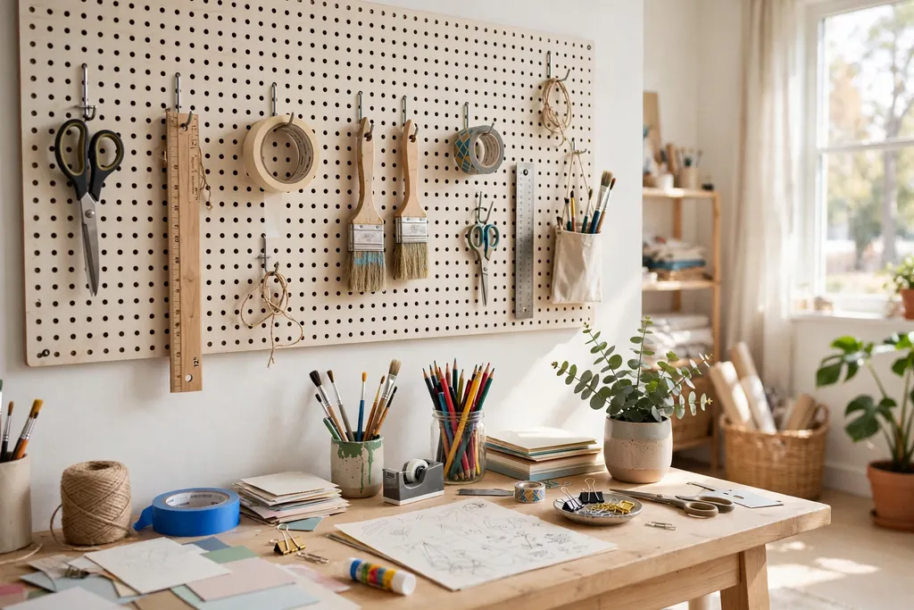 Pegboard wall above a craft desk with hooks holding scissors, rulers, tape, and paintbrushes in a bright room.