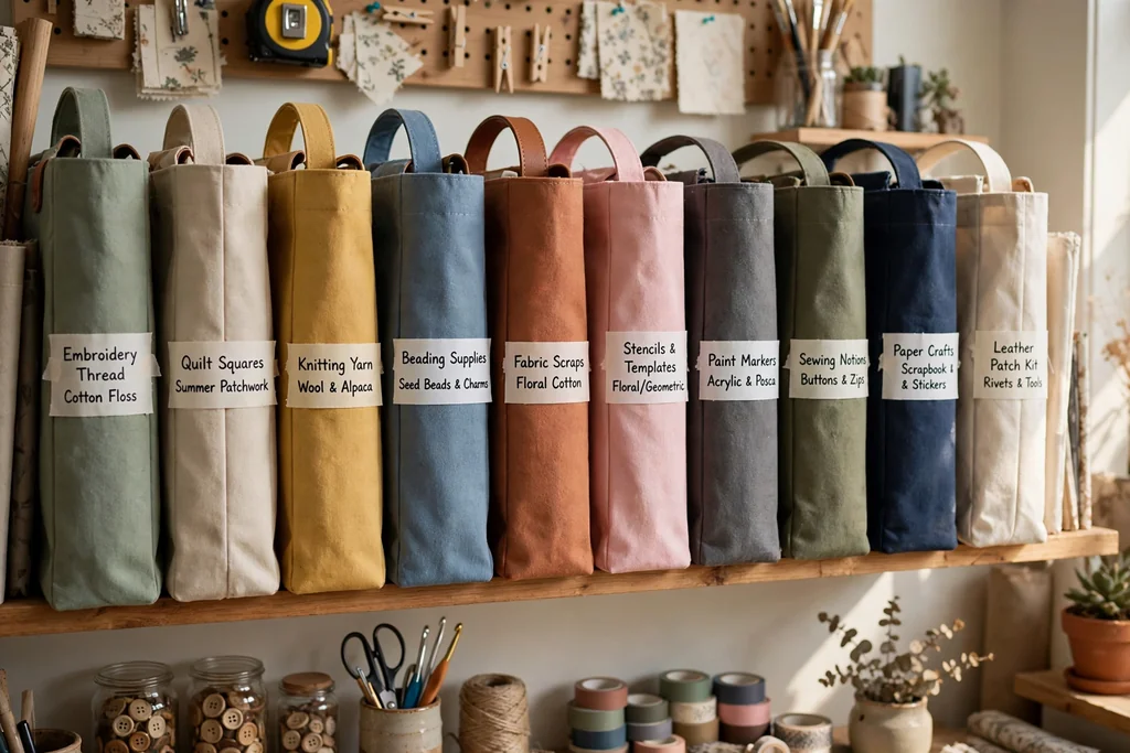 Labeled project totes stored upright like books on a craft room shelf.