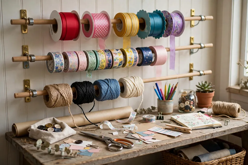 Wall mounted rods holding spools of colorful ribbon, washi tape, and twine above a craft table.