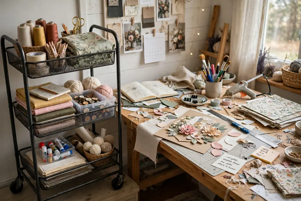 Three tier rolling cart beside a craft desk loaded with paper, fabric, and tools for a current project.