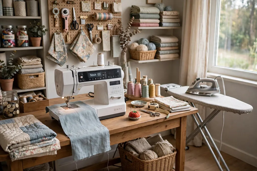 Sewing station with a machine on a desk and a small ironing board beside it in a craft room.