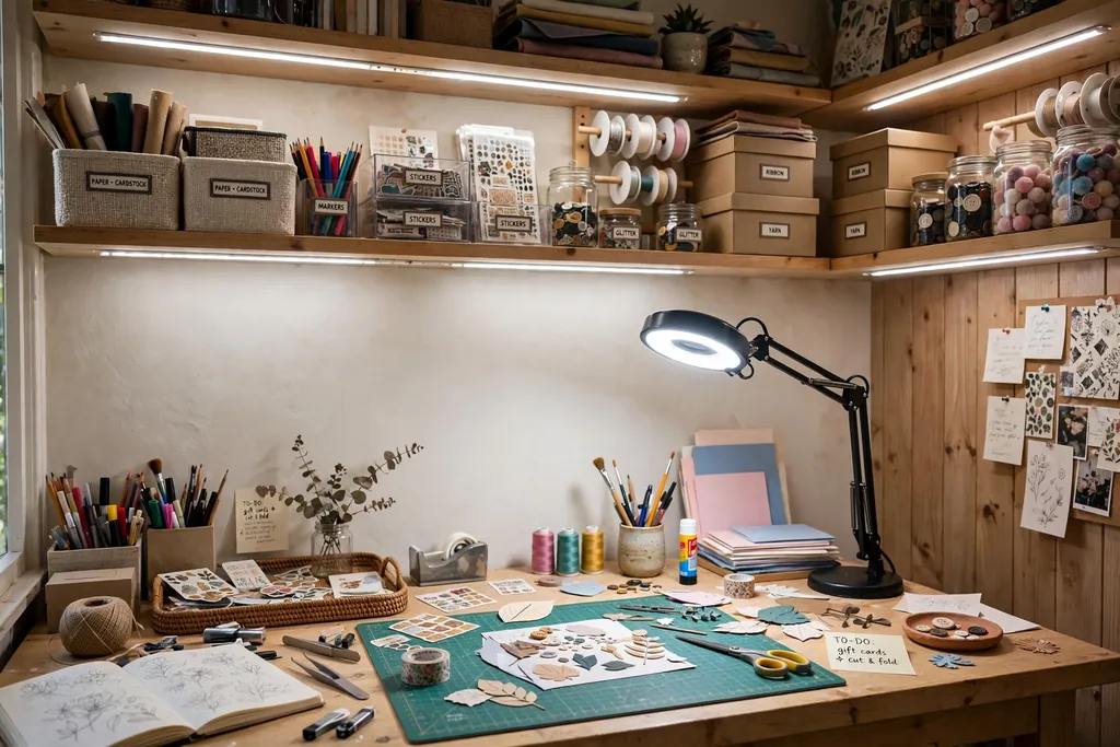 Craft desk lit by a bright daylight lamp with under shelf light strips over nearby storage.