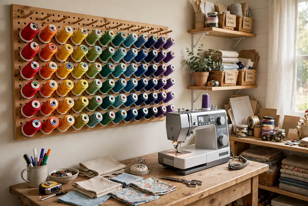 Wall thread rack with spools arranged in color order beside a sewing machine.