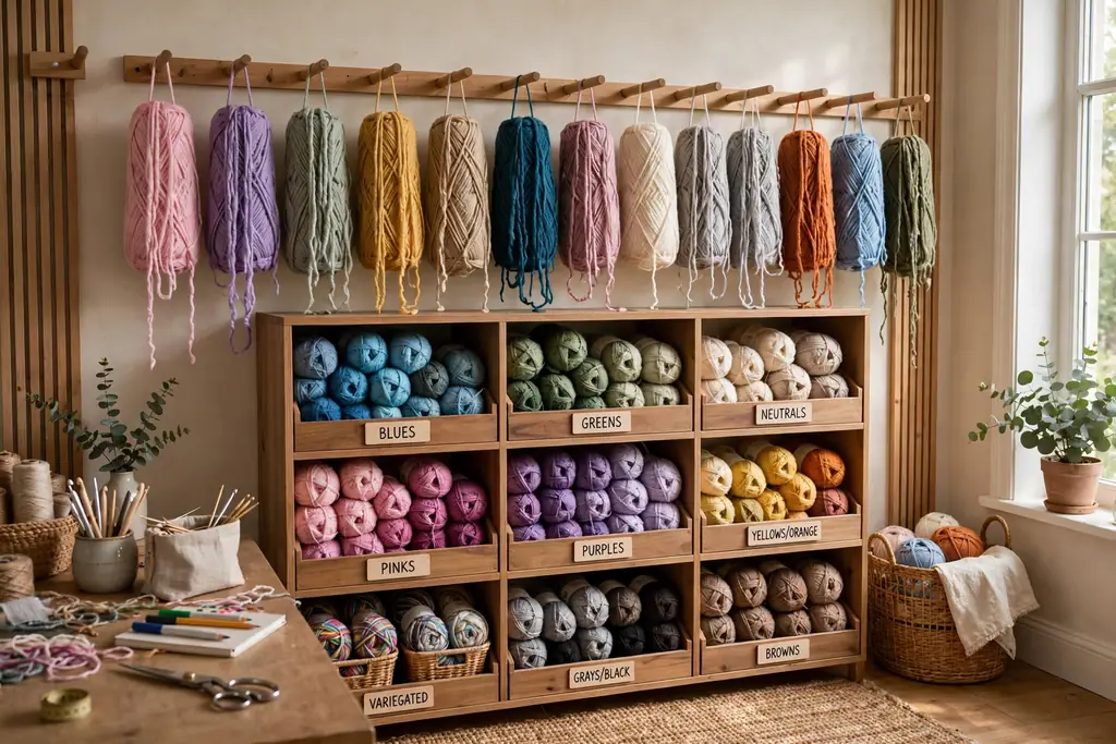 Wall dowels holding yarn cakes and cubby bins filled with sorted yarn in a craft room.