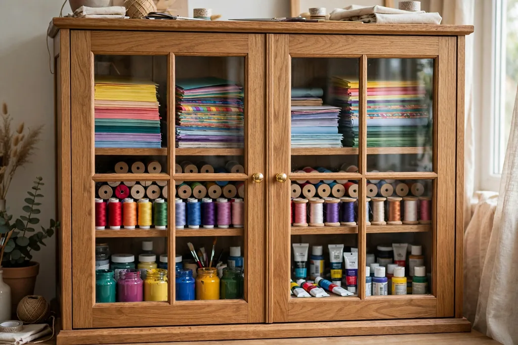 Craft cabinet with clear glass doors showing colorful paper thread and paint inside
