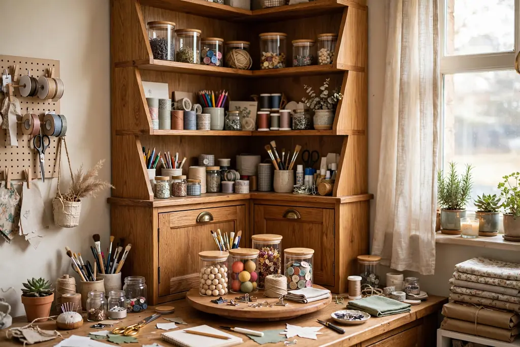 Corner craft cabinet with angled shelves and a turntable holding jars and supplies