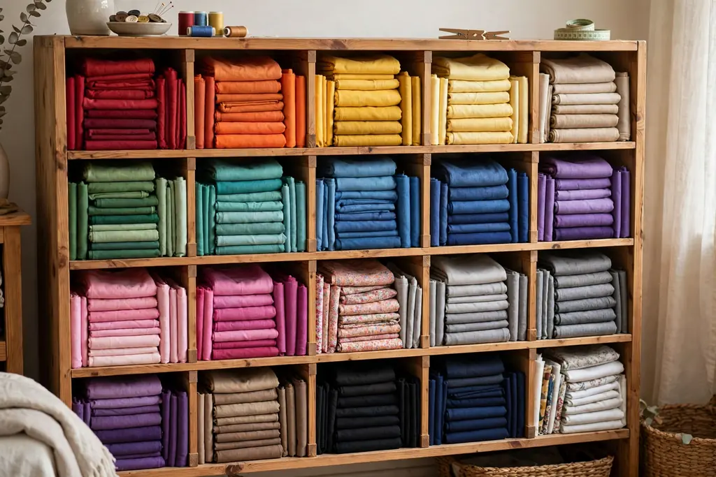 Cabinet with cubbies holding folded fabric bundles sorted by color