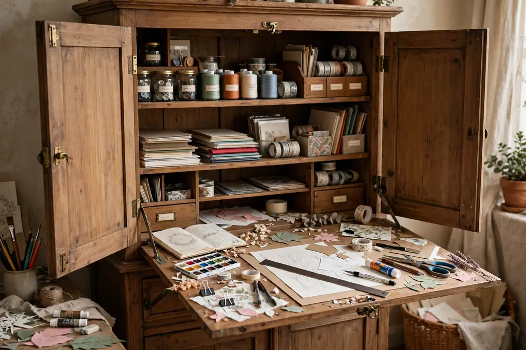 Armoire craft cabinet with a fold down work table paper and tools set out for use