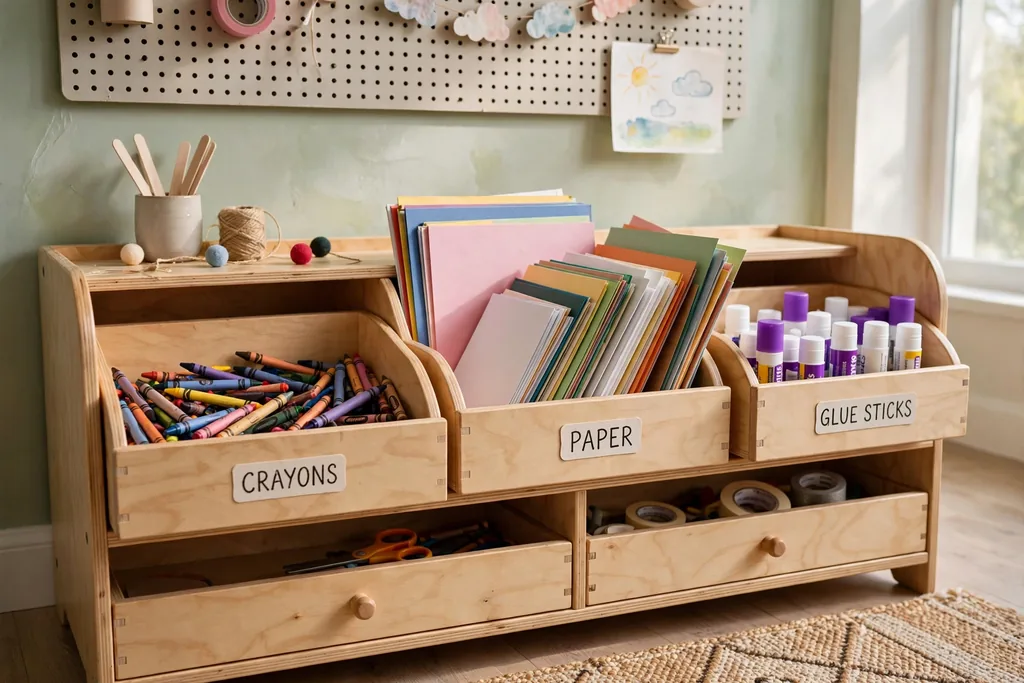 Low kids craft cabinet with open bins of crayons paper and glue sticks at child height