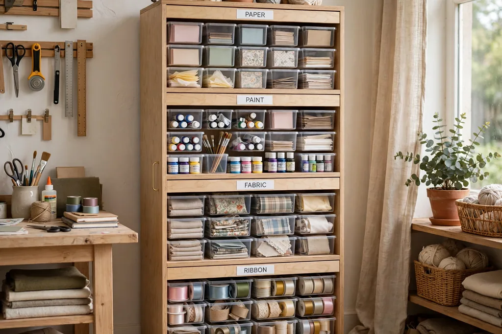 Tall craft cabinet with uniform labeled bins for paper paint fabric and ribbon