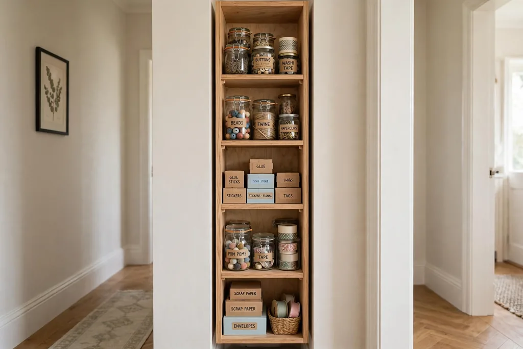 Narrow tall craft cabinet in a hallway nook with shallow shelves of jars and boxes