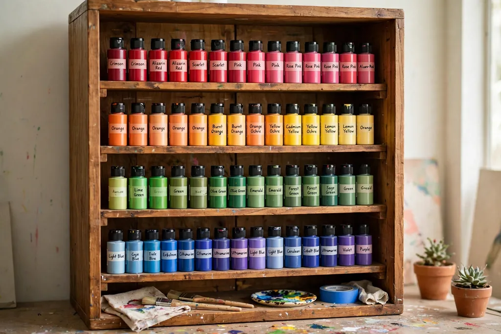 Cabinet with short shelves holding paint bottles standing upright in color rows