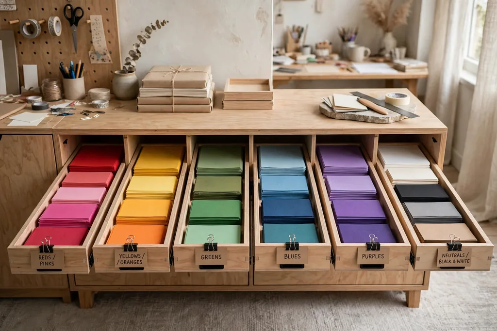 Cabinet with shallow pull out trays holding flat paper and cardstock in color groups