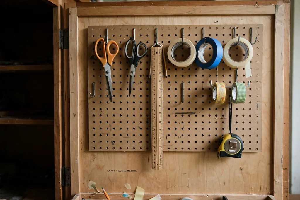 Craft cabinet door interior with a pegboard holding scissors rulers and tape on hooks