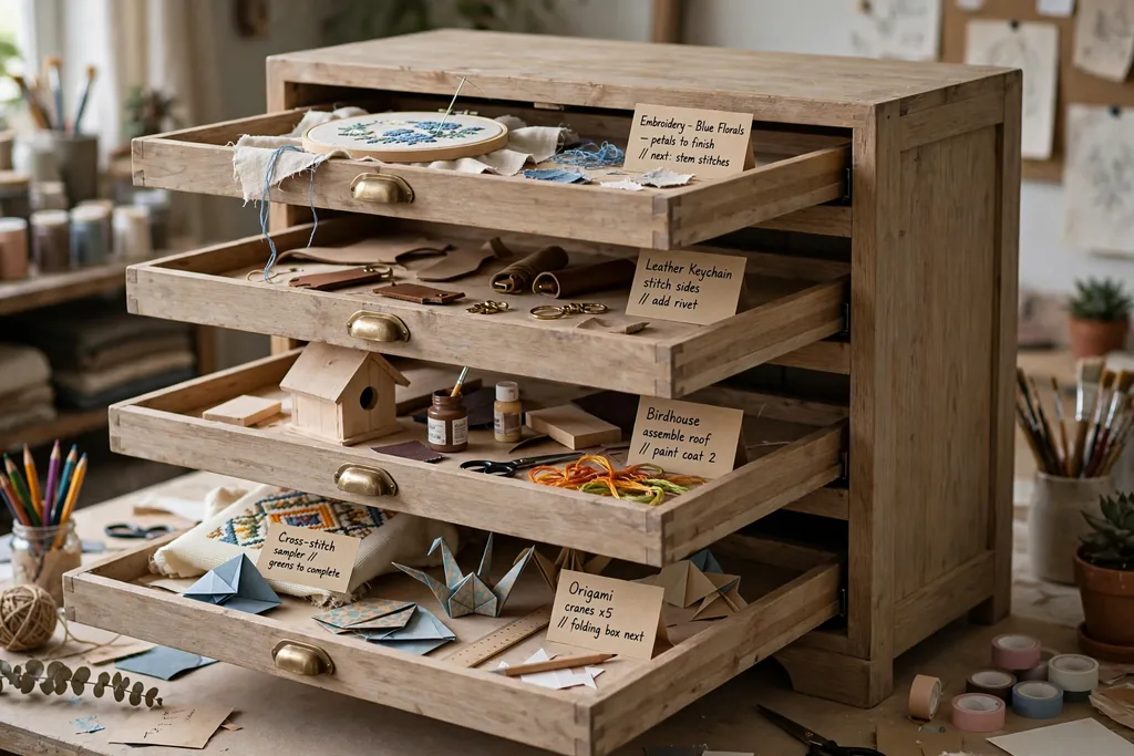 Cabinet with sliding trays holding unfinished craft projects with small note cards