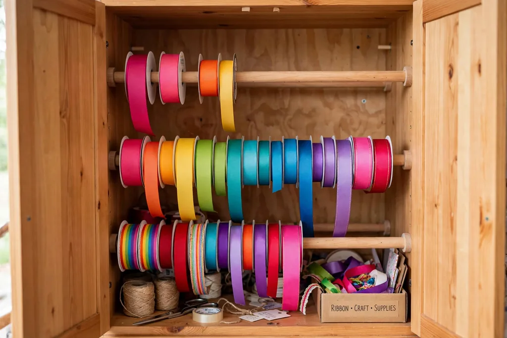 Cabinet interior with dowel rods holding ribbon rolls in bright colors